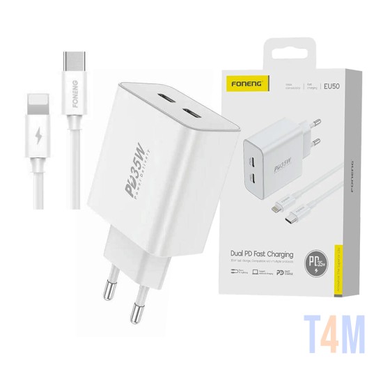 Foneng Charger EU50 Dual Ports (Type C+Type C) PD35W with Type C to Lightning Cable White